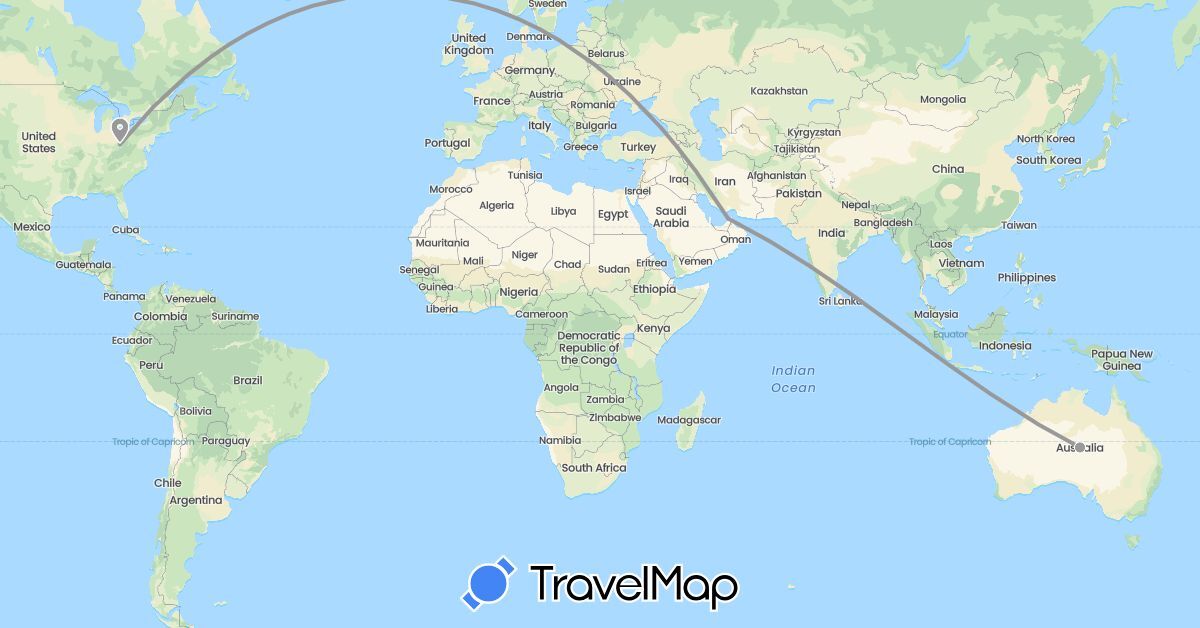 TravelMap itinerary: driving, plane in United Arab Emirates, Australia, United States (Asia, North America, Oceania)