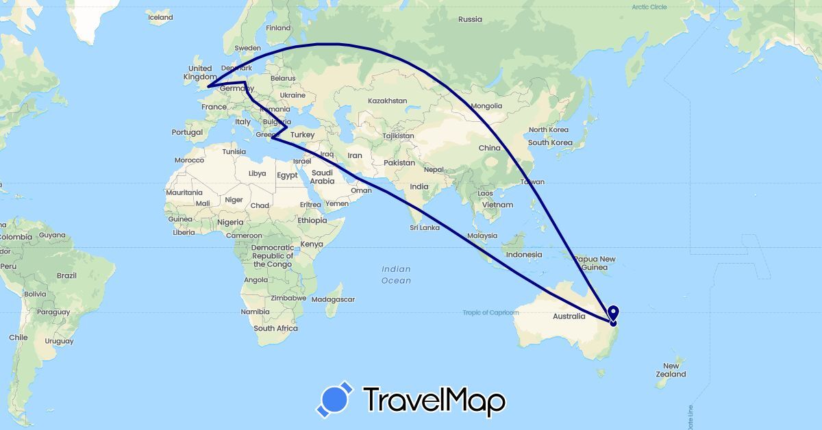 TravelMap itinerary: driving in United Arab Emirates, Austria, Australia, Czech Republic, Germany, United Kingdom, Greece, Turkey (Asia, Europe, Oceania)